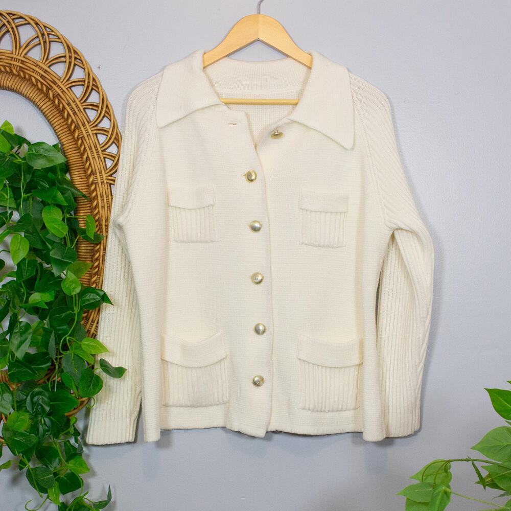 VTG Cream Chunky Knit Cardigan Gold Buttons Patch Pockets Preppy | Light Spring
